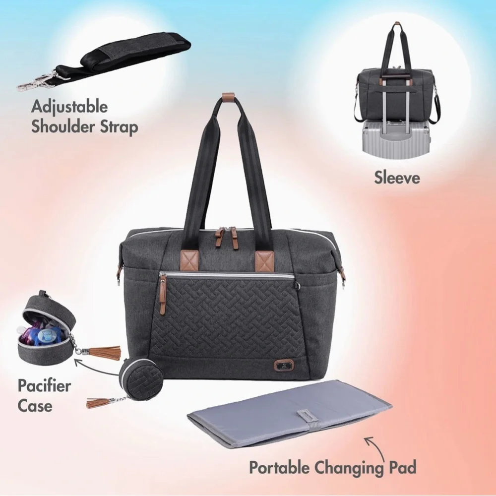 Large Gray Baby Diaper Bag Tote with Tassel Accent